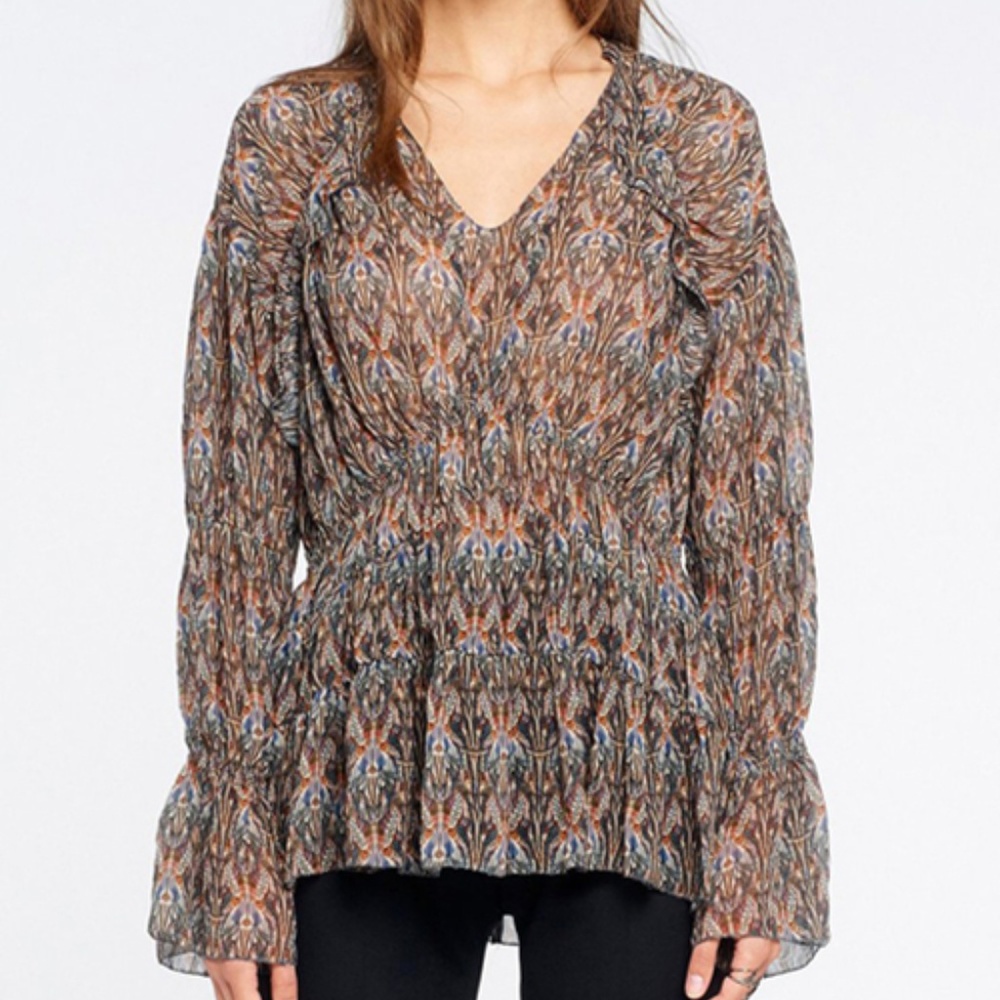 NWT $425 IRO Janie Printed Bell Sleeve Ruffle Blouse Top SIZE 34
